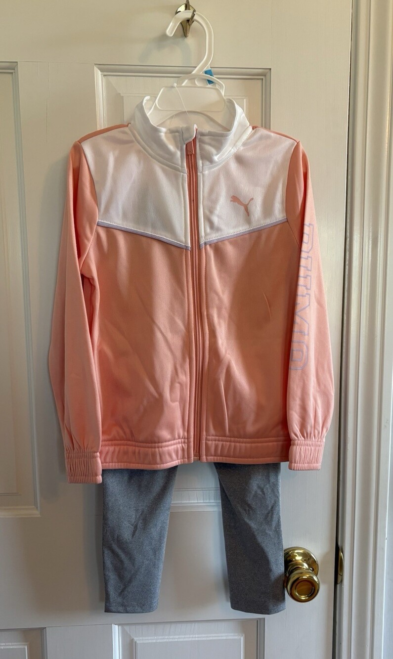 Puma Track Jacket Leggings Set Girls 5 Athletic Zip NWT 2 Piece Peach Grey